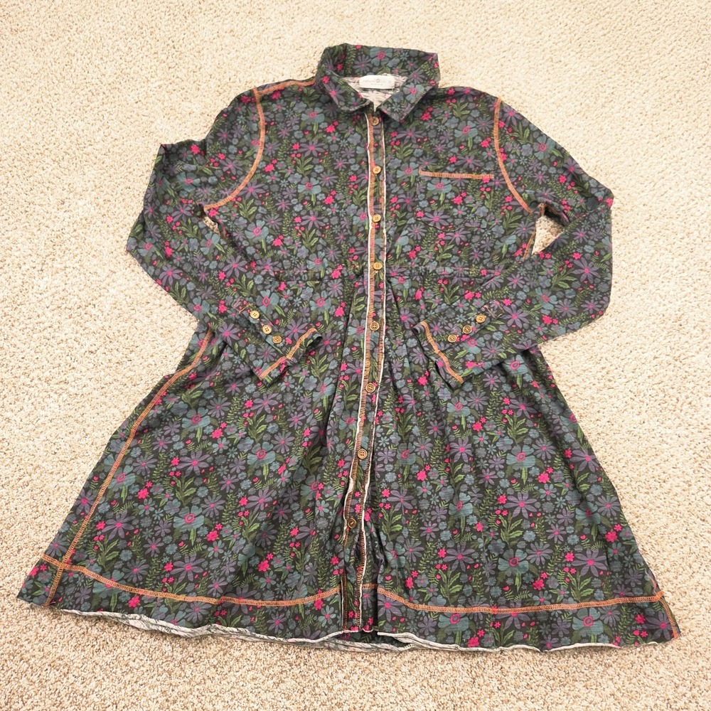 NATURAL LIFE Christa Knit Cotton Mini Dress Dark Floral Green M Boho Shirt Dress - Picture 1 of 7